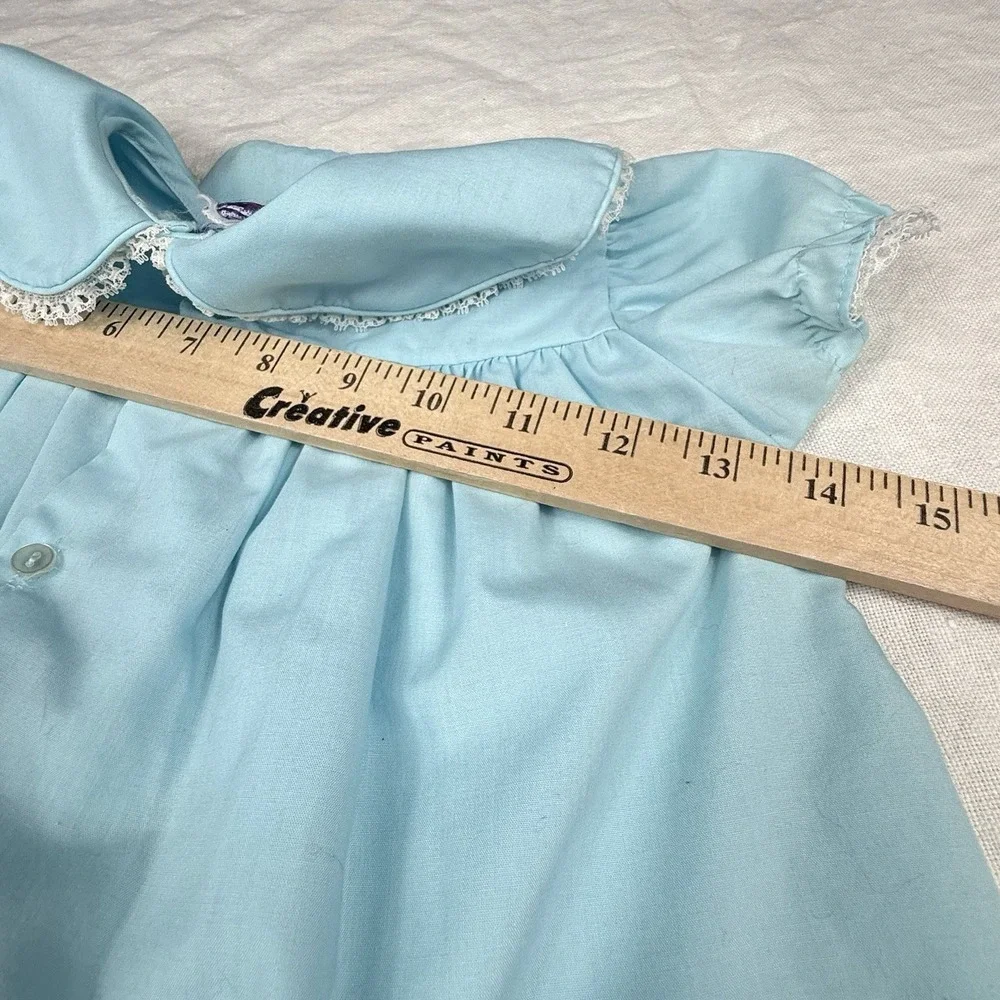 Vintage Baby Dress Girls 9-12M Blue Floral Embroidered Peter Pan Puff Sleeve